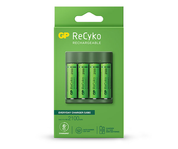 GP ReCyko Everyday Charger (USB) B421 4-slot NiMH with 4 x AA 2,100mAh NiMH Batteries