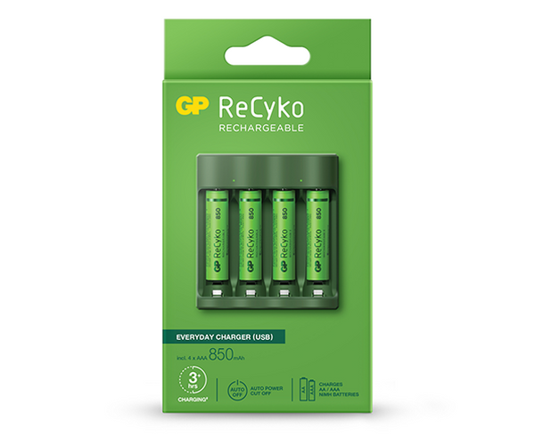 GP ReCyko Everyday Charger (USB) B421 4-slot NiMH with 4 x AAA 850mAh NiMH Batteries