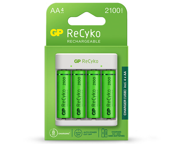 GP ReCyko 4-Slot E411 USB Charger (w/ 4's 2100mAh AA Batteries)